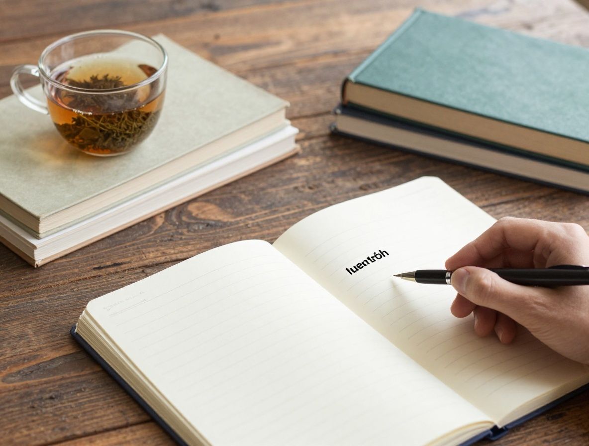 Bureau épuré avec des livres ouverts sur la nutrition et le bien-être, une tasse de thé vert fumante, un carnet de notes et un stylo sur fond de bois naturel patiné, atmosphère studieuse et sereine