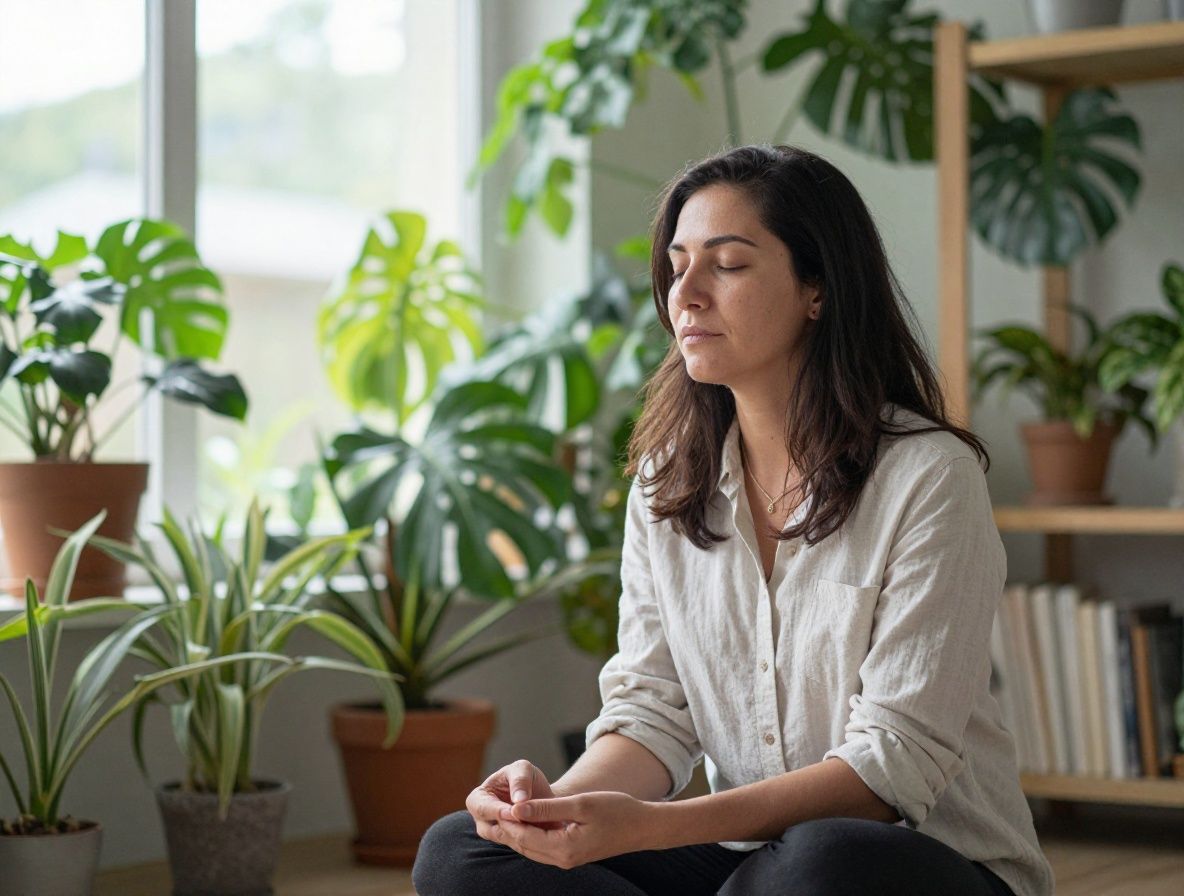 Personne assise en posture de méditation dans une pièce lumineuse aux tons naturels, entourée de plantes vertes, avec lumière naturelle traversant une grande fenêtre, atmosphère de sérénité et de pleine conscience
