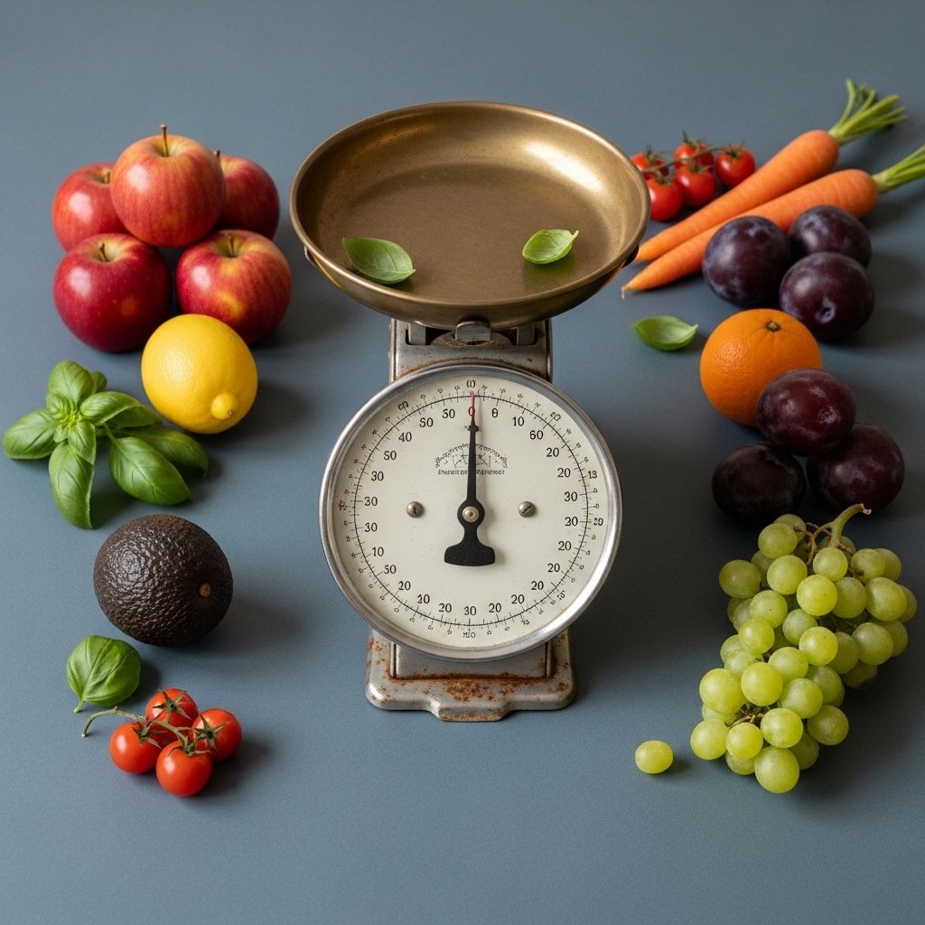 Balance vintage en métal sur fond gris ardoise avec des légumes et fruits frais disposés autour — concept visuel de mesure et d'équilibre alimentaire