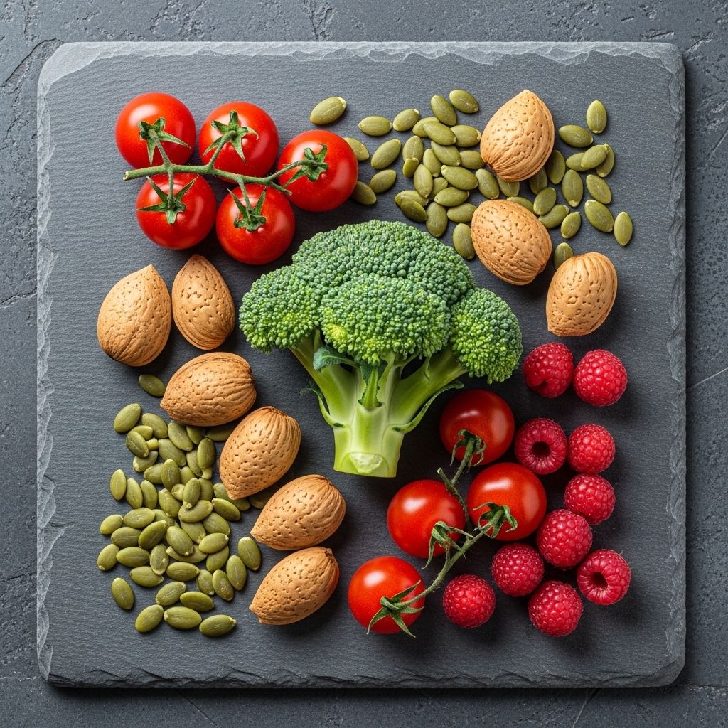 Disposition artistique de légumes frais, fruits, noix et graines sur une surface en ardoise grise — brocoli, tomates cerises, amandes, graines de courge et framboises