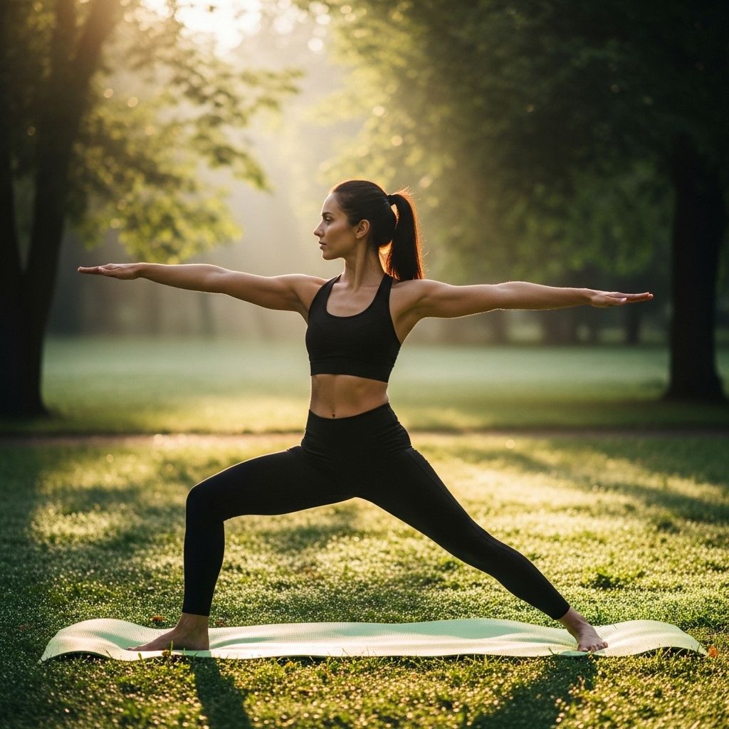 Femme pratiquant le yoga en plein air au lever du soleil, position de guerrier, sur un tapis de yoga vert dans un parc verdoyant avec lumière dorée matinale